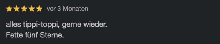 Bewertung mit 5 Sternen: „Alles top, gerne wieder. Tolles Surf-Stories.“