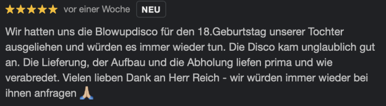 Bewertung über einen DJ-Job für eine 18. Geburtstagsfeier mit Dank an die Veranstalter.